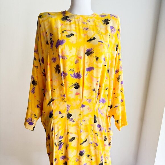 Vintage 90s Nicole Miller Yellow Abstract Print Midi Dress 4 - Picture 3 of 7